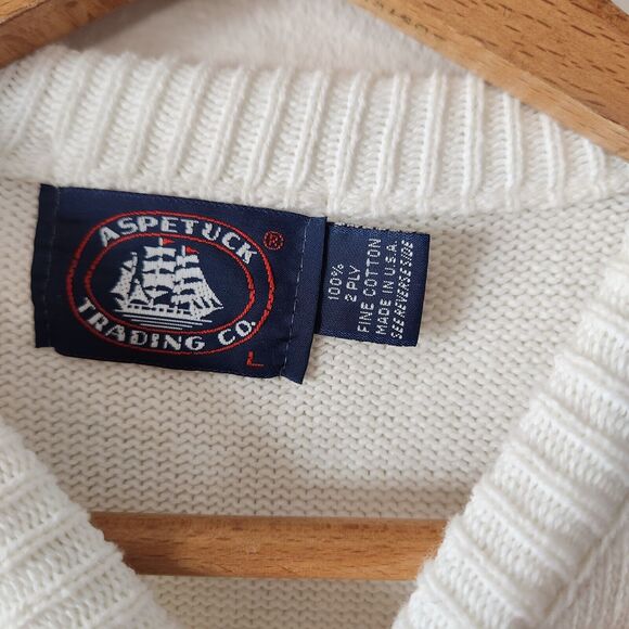 Vintage Aspetuck Trading Co Geometric Knit Sweater White Blue Pink Men's L USA - Picture 3 of 6